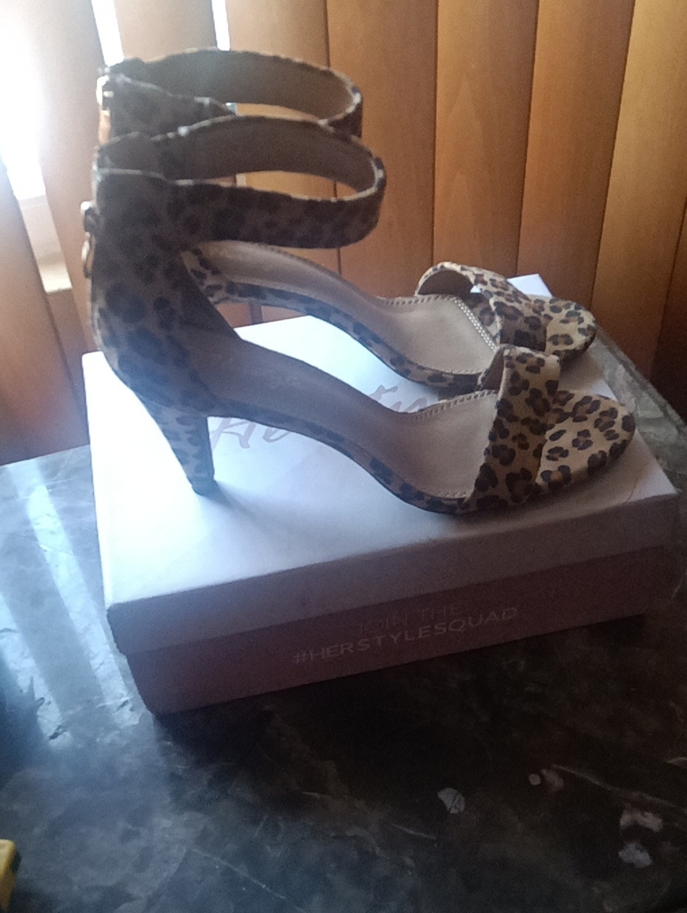 Herstyle Leopard Print Ankle-Strap Heels in Tan and Brown
